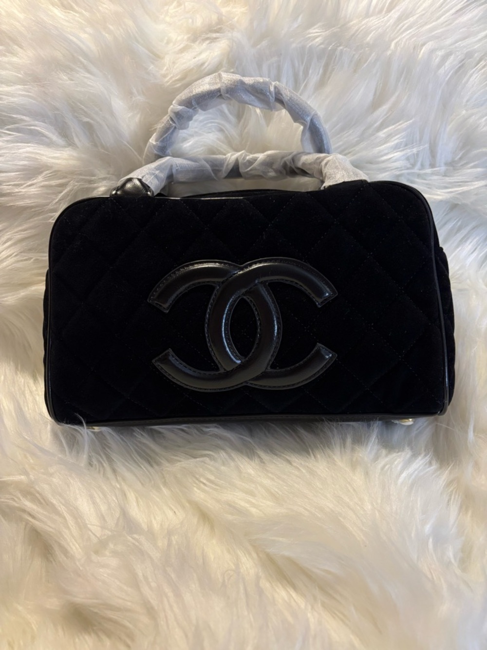 Black Quilted Suede Top-Handle Satchel with Patent CC Logo